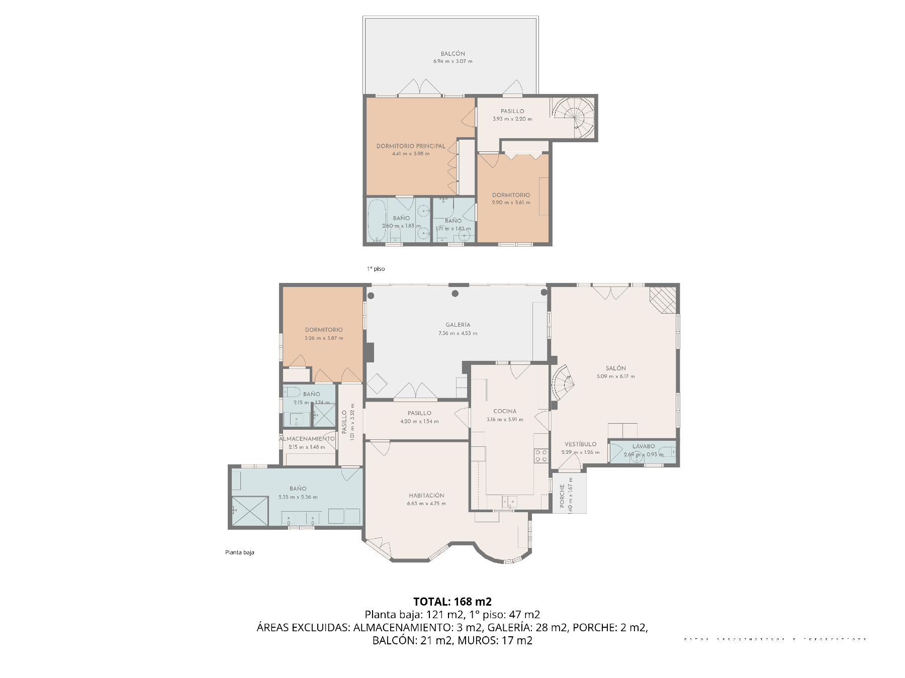 Technischer Grundriss der 168 m² großen Immobilie auf zwei Ebenen, der die Anordnung der Schlafzimmer, En-Suite-Bäder, der Galerie und des großen Balkons zeigt.