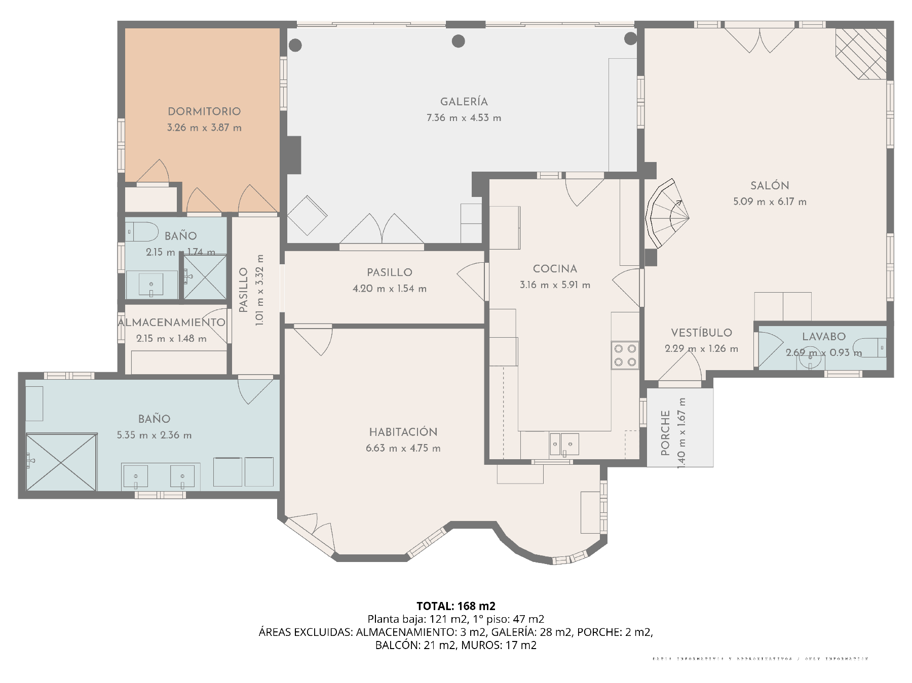 Technischer Grundriss des 121 m² großen Erdgeschosses mit detaillierter Raumaufteilung von Wohnzimmer, Küche und Schlafzimmern sowie präzisen Maßangaben.