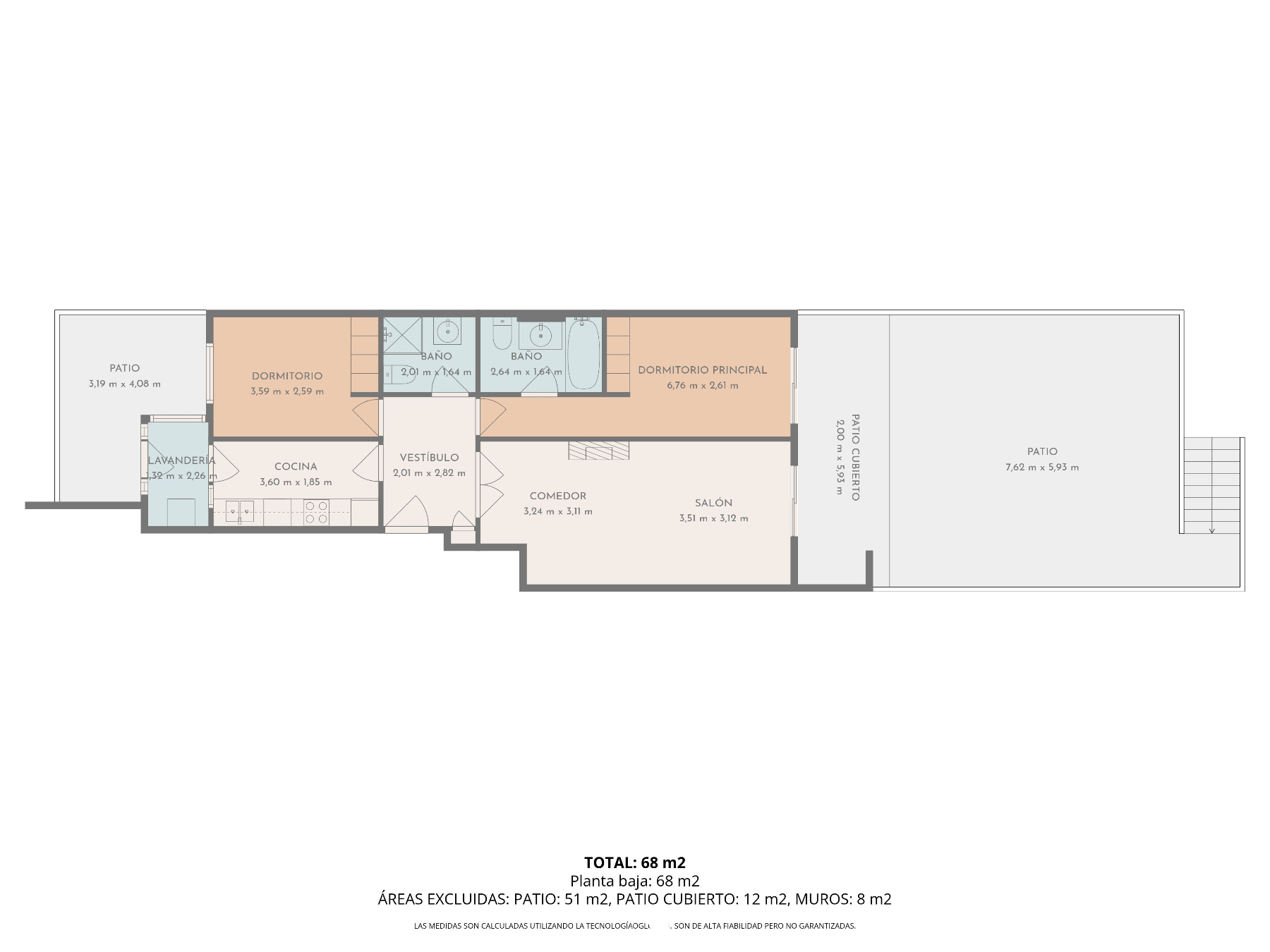 Detaillierter Grundriss der Erdgeschosswohnung mit 2 Schlafzimmern, 2 Bädern, Wohn-Esszimmer und zwei großzügigen privaten Außenbereichen.