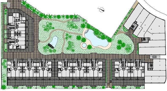 Lageplan der Wohnanlage mit Darstellung der Gebäudestruktur, der gepflegten Gartenanlagen und der zwei Gemeinschaftspools mit Fußwegen.