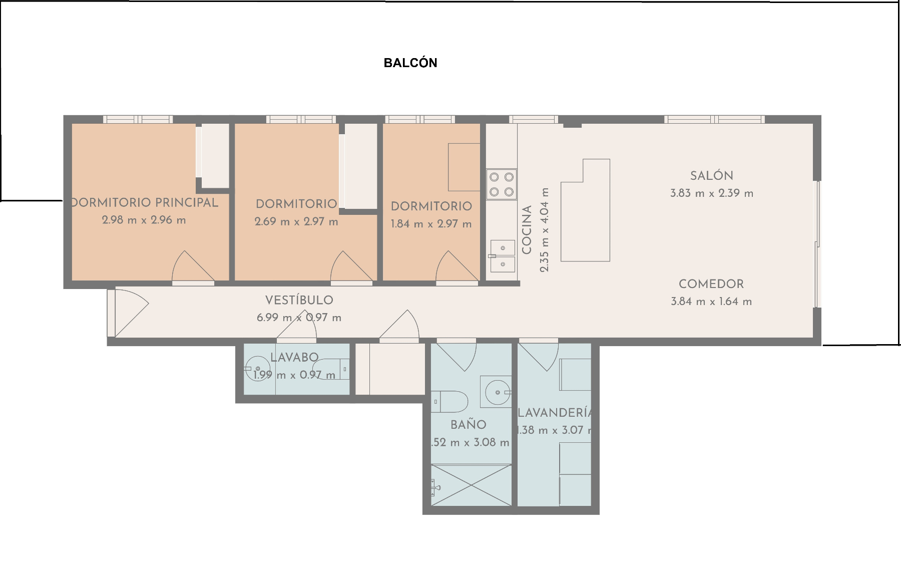 Detaillierter Grundriss, der die Aufteilung der drei Schlafzimmer, des offenen Wohn-Essbereichs mit Küche und des umlaufenden Balkons zeigt.