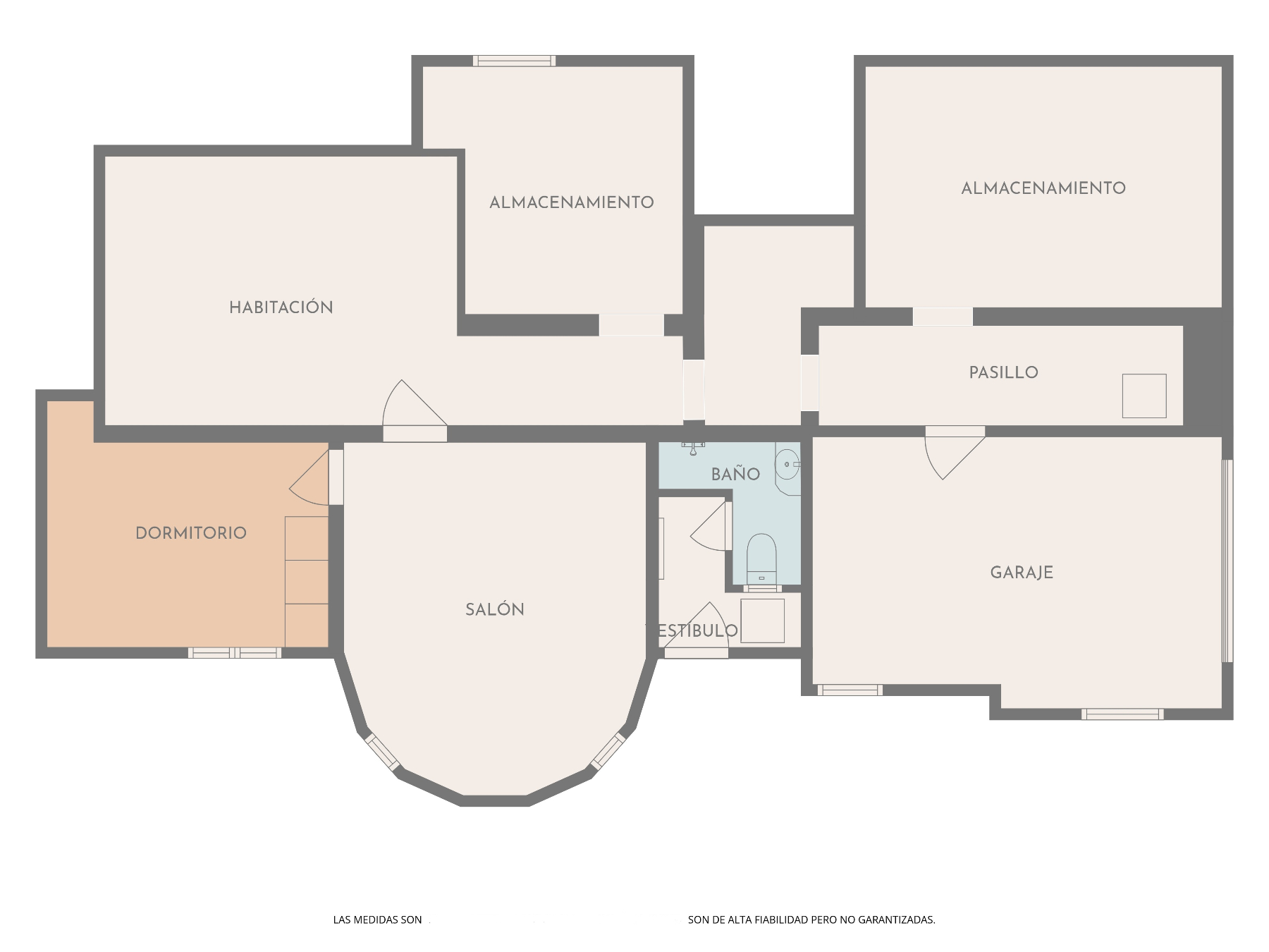 Detaillierter Grundriss mit der Aufteilung des runden Wohnzimmers, der Schlafzimmer, der Lagerräume und der integrierten Garage.
