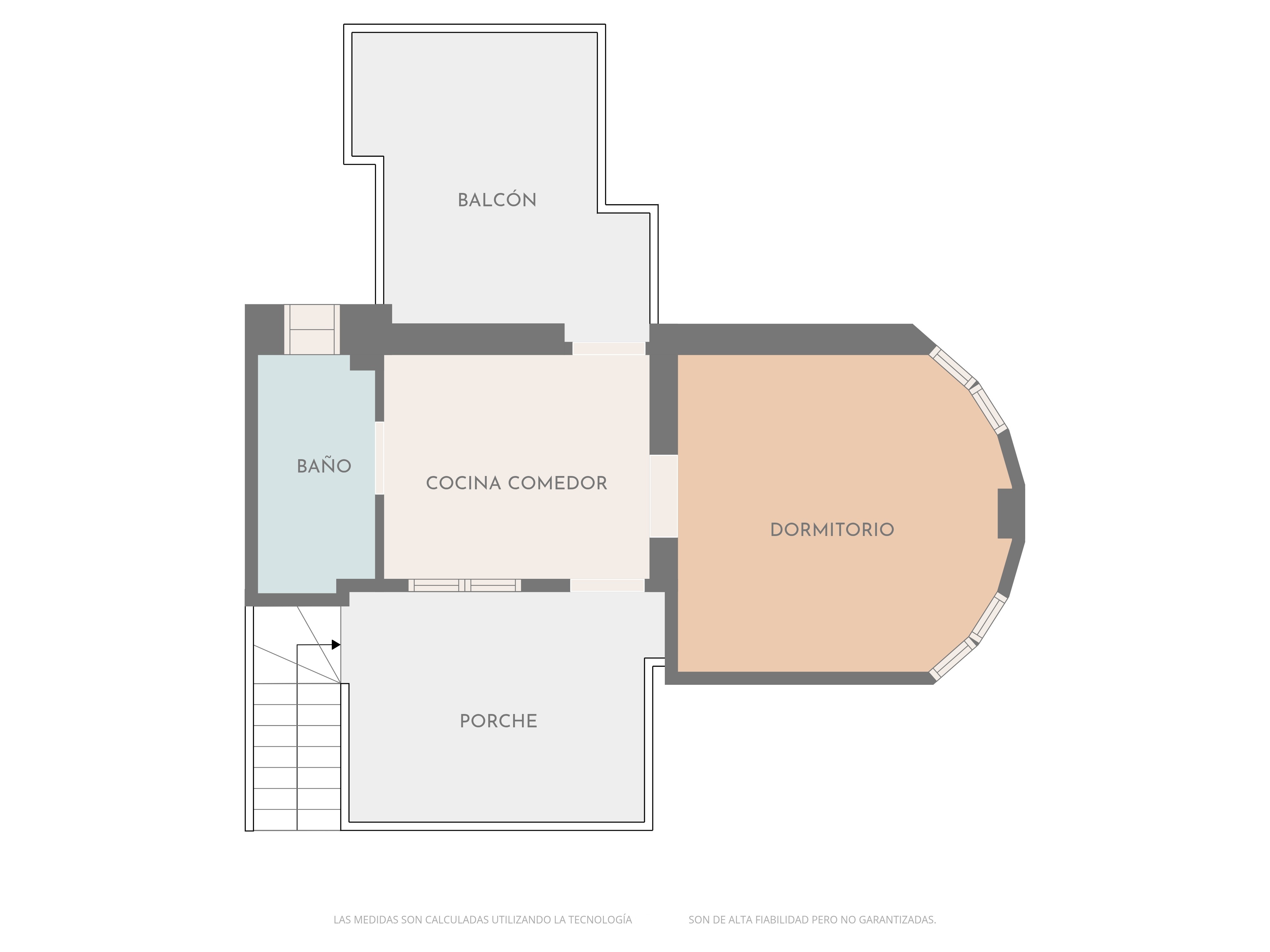 Detaillierter Grundriss mit einem Schlafzimmer mit geschwungener Wand, zentralem Wohn-Essbereich, Badezimmer, Veranda und Balkon.