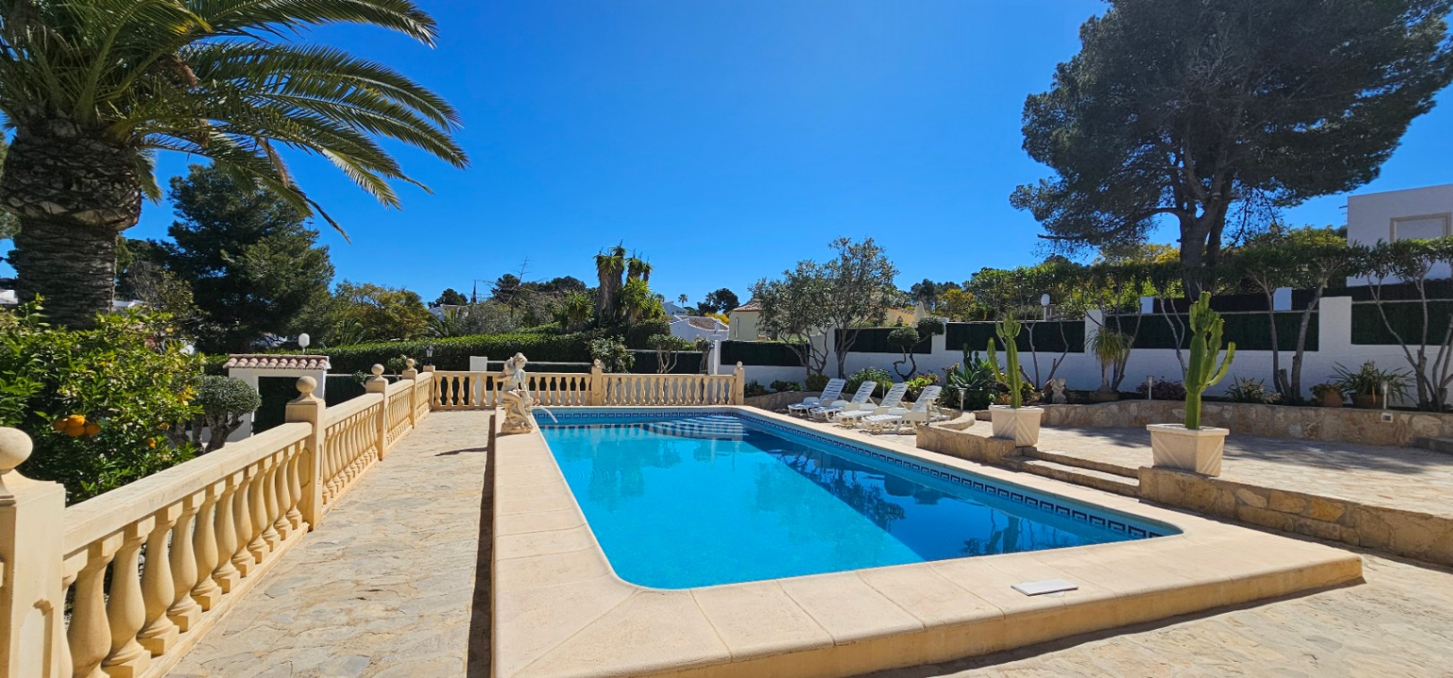 Rechteckiger Pool mit Natursteinterrasse, klassischer Balustrade und Sonnenliegen, umgeben von einem mediterranen Garten mit Palmen und Pinien.
