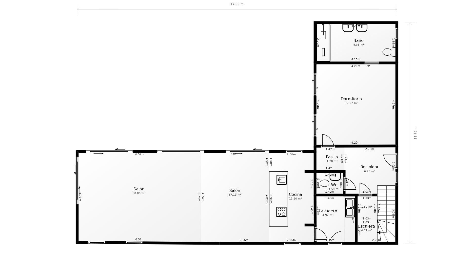 Detaillierter Grundriss des Erdgeschosses mit der Aufteilung von Wohn-Essbereich, Küche mit Kochinsel, Hauptschlafzimmer mit Bad en Suite und funktionalem Hauswirtschaftsraum.