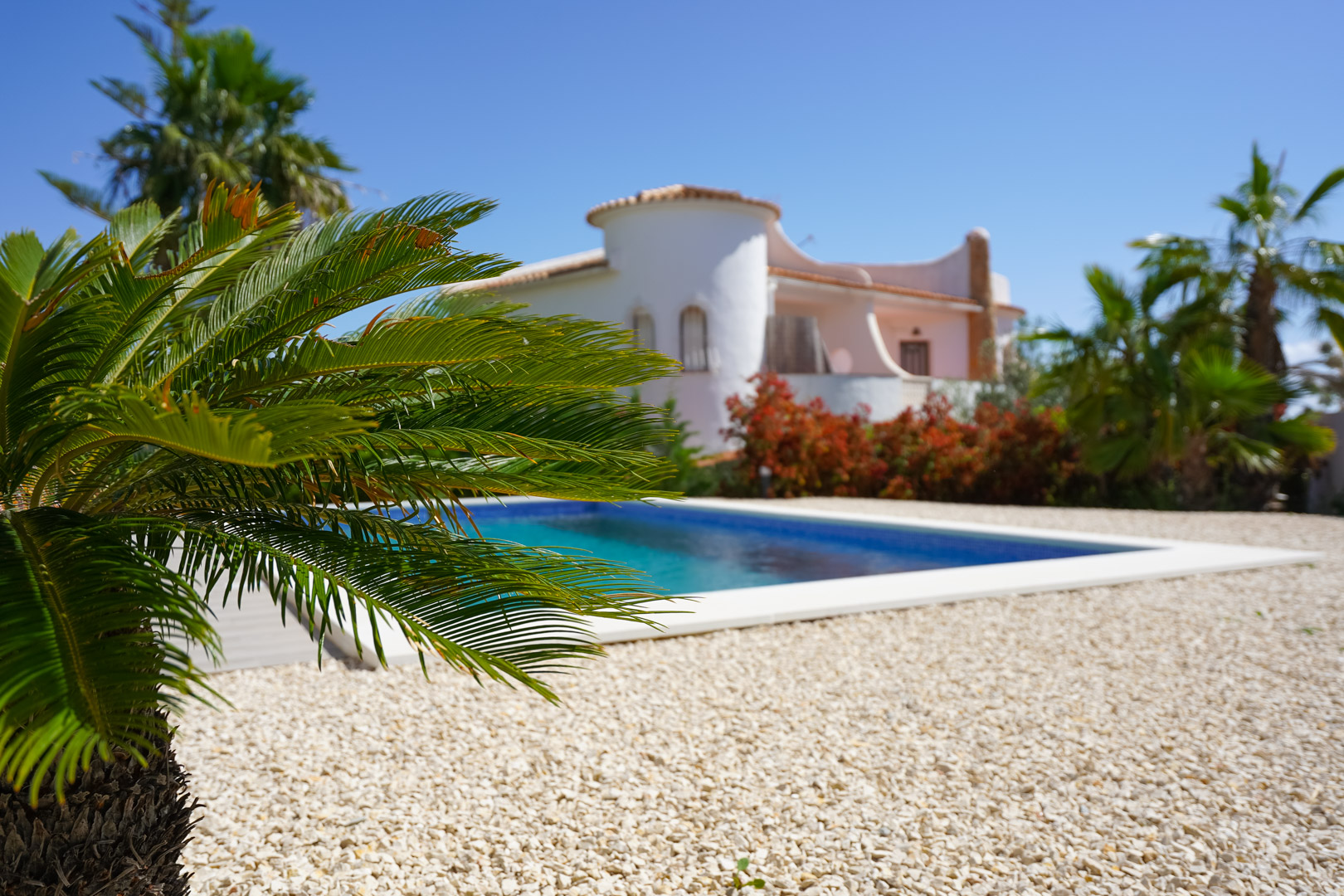 Außenpool mit weißer Kiesumrandung und Palmen, im Hintergrund die mediterrane Architektur der Villa mit ihren charakteristischen Rundungen.