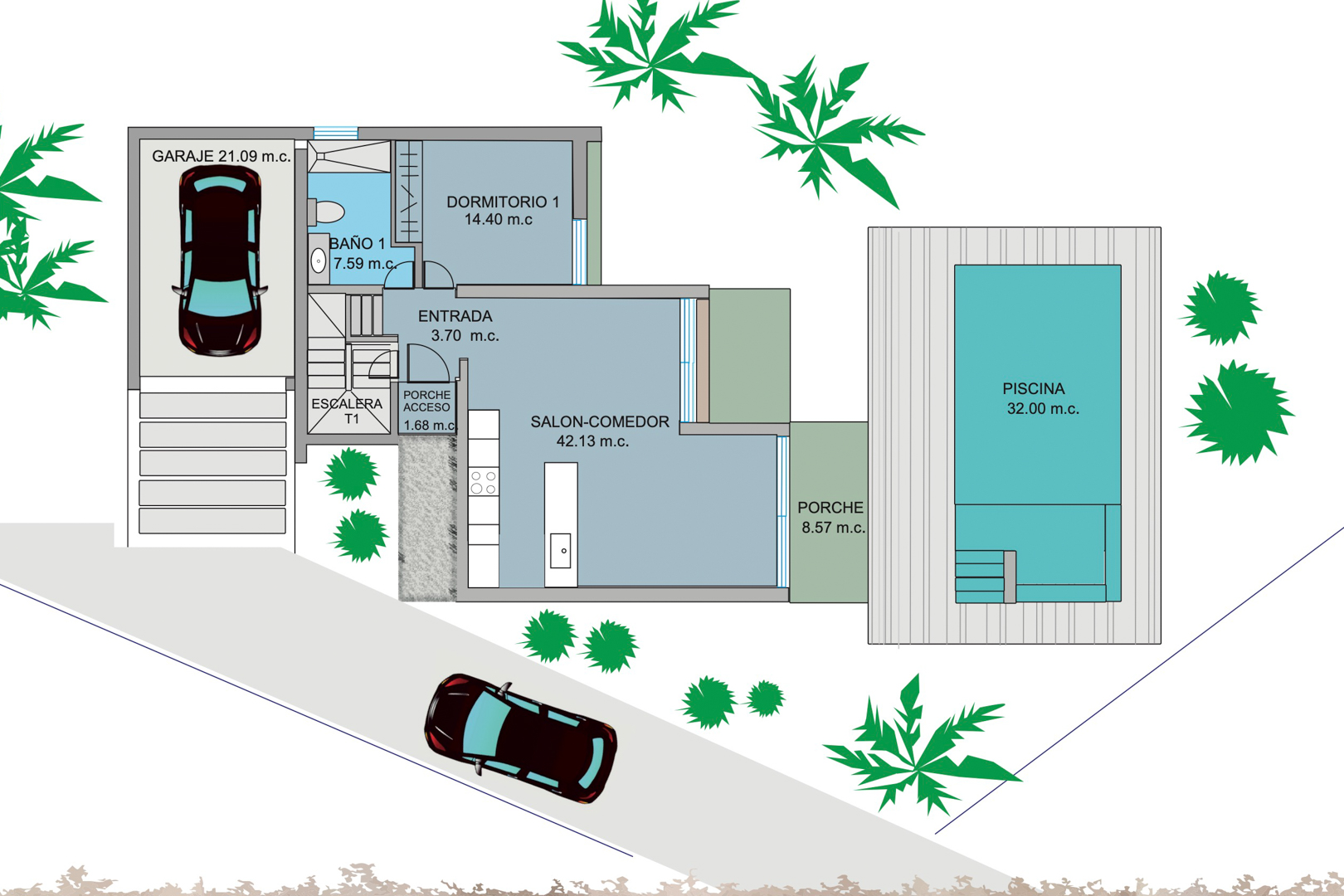 Detaillierter Grundriss des Erdgeschosses mit offenem Wohn-Essbereich, Schlafzimmer, Garage und dem Außenbereich mit einem 32 m2 großen Pool.