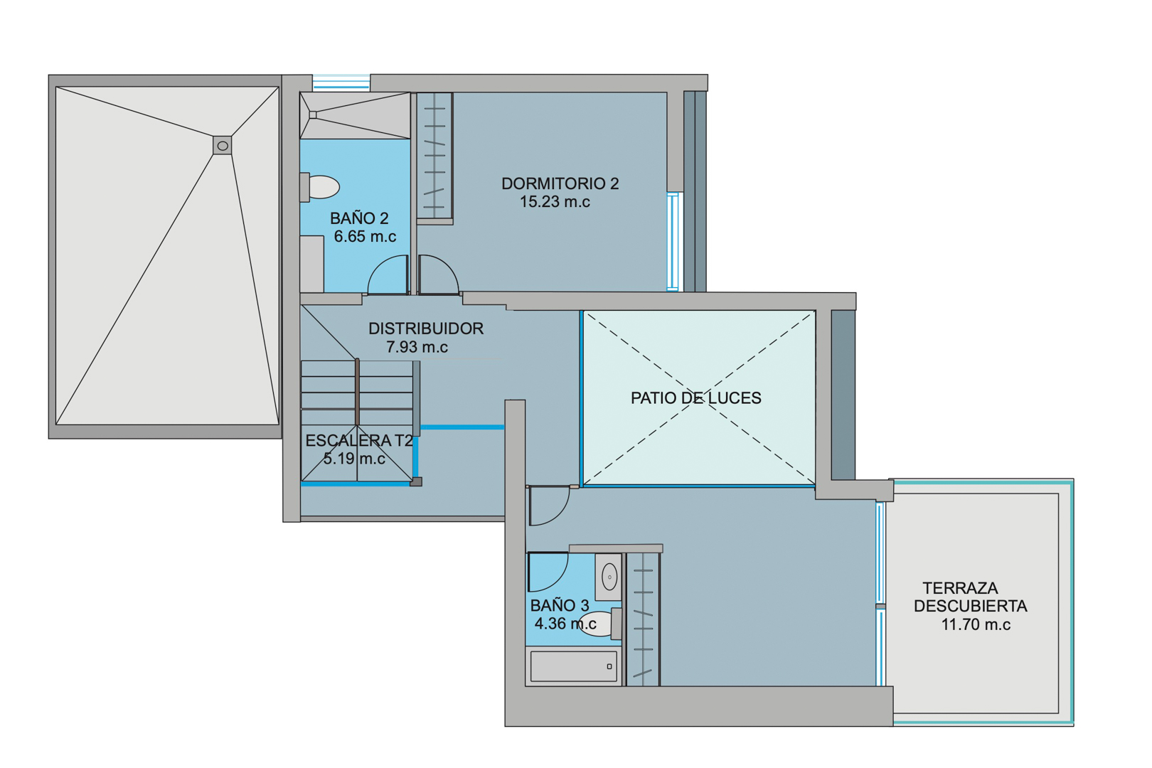 Detaillierter Grundriss des Obergeschosses mit dem zweiten Schlafzimmer, zwei Badezimmern, Flurbereich und einer 11,70 m² großen offenen Terrasse.