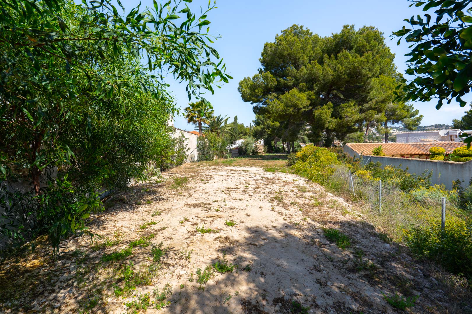 Großzügiges, 900 m2 großes flaches Grundstück hinter der Villa, umgeben von Pinien und Vegetation, ideal für Gästehäuser oder Sportanlagen.