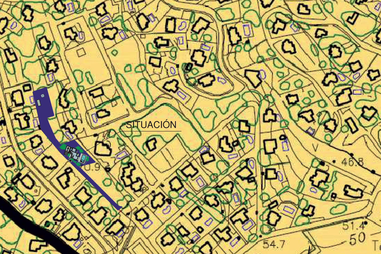 Katasterlageplan mit der genauen Position der Immobilie und ihres weitläufigen Grundstücks von 1.715 m2 in einem etablierten Wohngebiet.