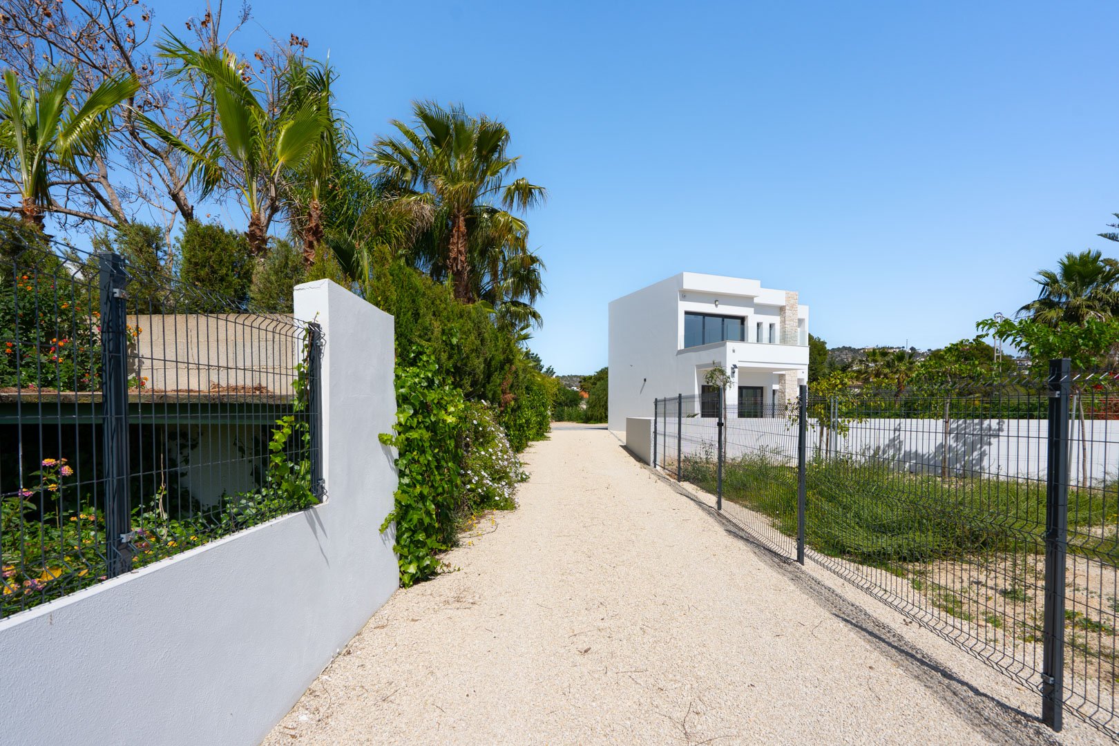 Lange Kiesauffahrt zur modernen weißen Villa, flankiert von Umzäunungen, mediterranen Palmen und einem weitläufigen, ebenen Grundstücksbereich.