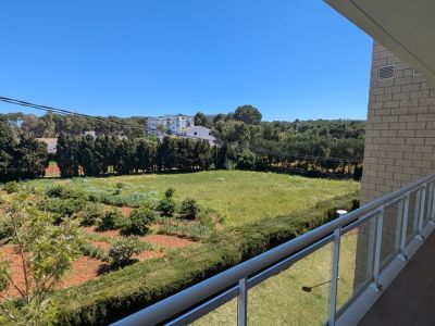 Blick von der privaten Terrasse mit moderner Glas-Metall-Brüstung, über weite grüne Felder, Baumreihen und entfernte Gebäude unter blauem Himmel.