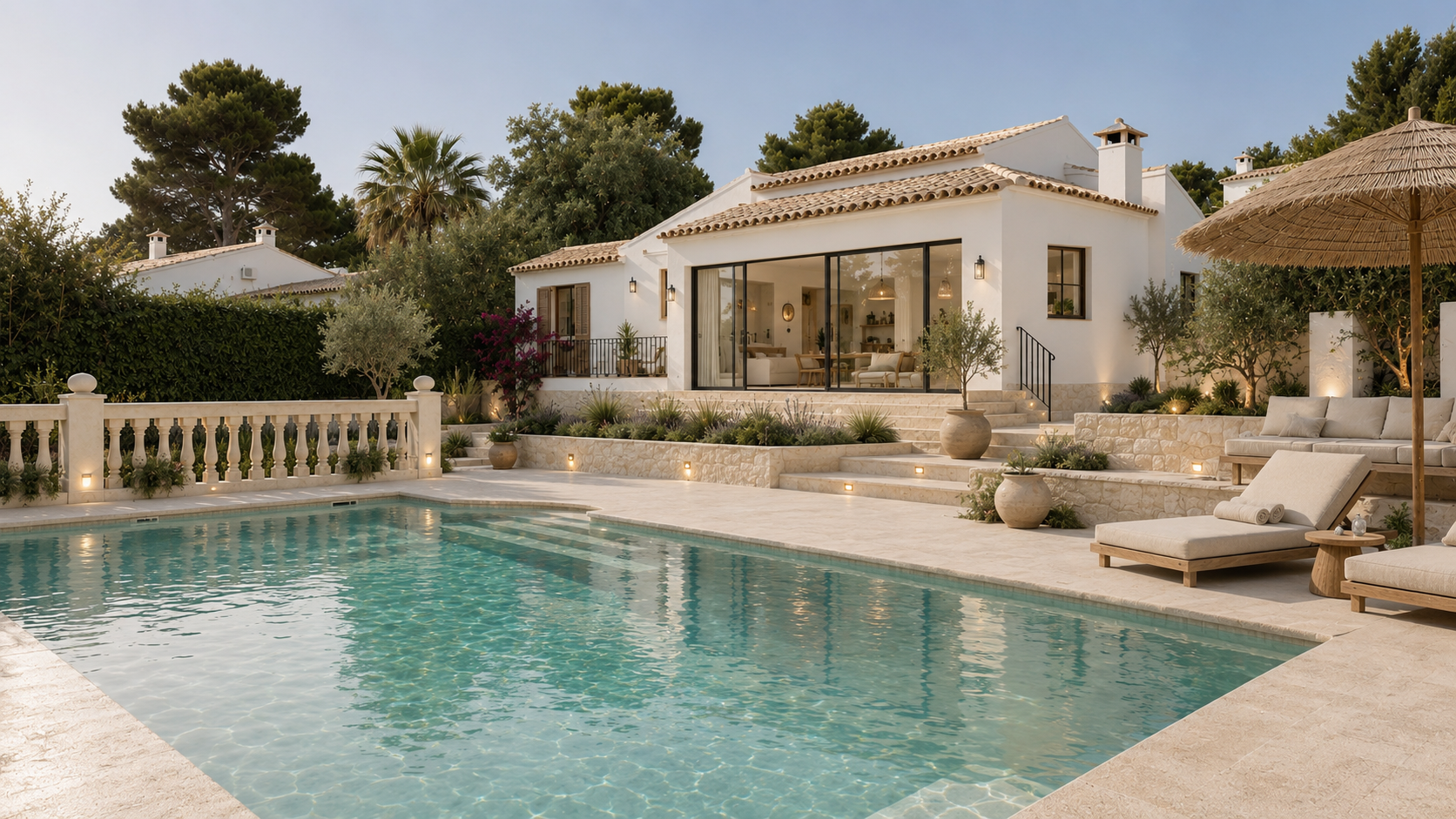 Außenansicht einer mediterranen Villa mit Pool, Travertin-Terrasse, Trockensteinmauern und Garten mit Olivenbäumen vor einer weißen Fassade.