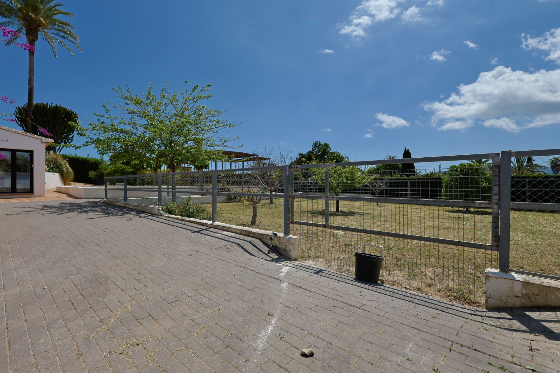 Blick auf den eingezäunten Garten mit grauen Pflastersteinen und üppigem Grün unter einem klaren blauen Himmel.
