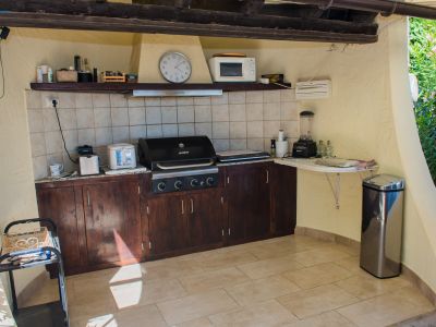Außenküche mit Grill, dunkler Holztheke und Geräten ausgestattet.