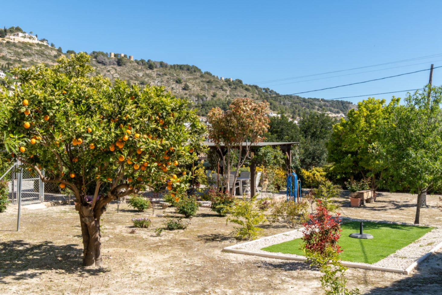 Mediterraner Garten mit Orangenbaum, Essbereich unter einer Pergola und Blick auf die historischen Windmühlen auf dem Bergrücken.