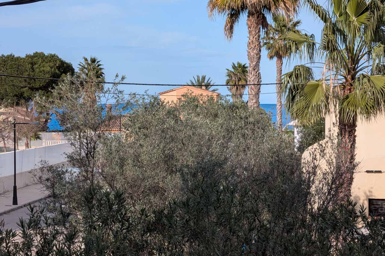 Teilansicht des Anwesens mit mediterraner Vegetation und dem Meer im Hintergrund.