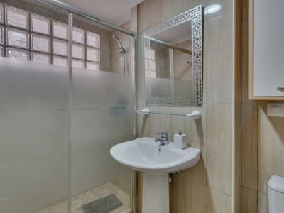 Badezimmerdetail mit Glasbausteindusche und Waschtisch.