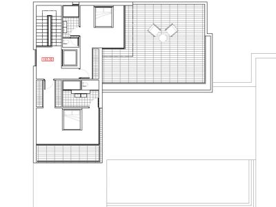 Architektonischer Grundriss des Obergeschosses mit Terrasse, Schlafzimmern und Treppen.