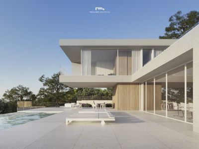 Außenansicht der Villa mit Infinity-Pool und Sonnenterrasse mit weißen Sonnenliegen.