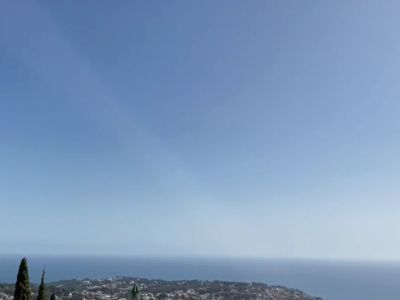 Panoramablick auf das Mittelmeer von der Villa in Montemar, Benissa. Klarer blauer Himmel.