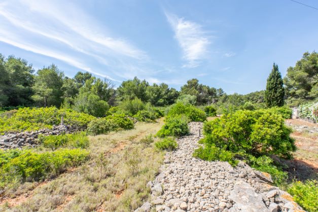 Blick auf das Grundstück mit einheimischer Vegetation und Steinmauern in Jávea.