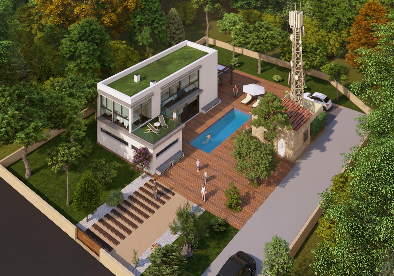 Luftaufnahme des Grundstücks mit modernem Haus, Pool und Telekommunikationsturm.