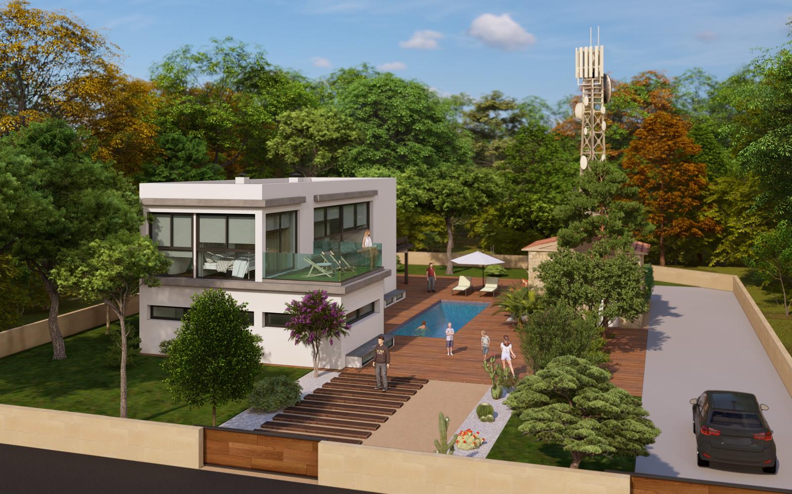 Visualisierung eines modernen zweistöckigen Hauses mit Pool und üppiger Landschaftsgestaltung.