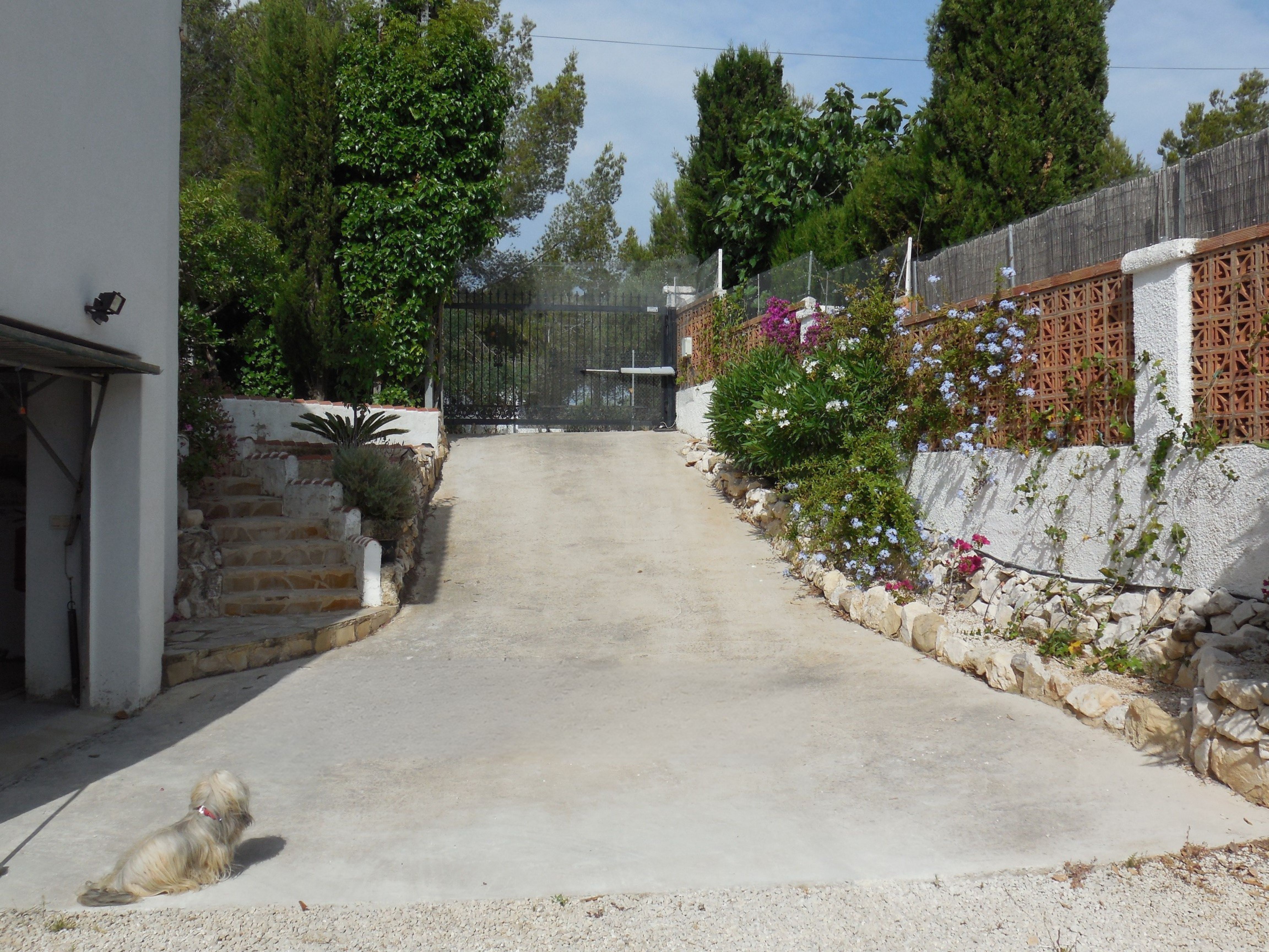 Villeneingang mit Betoneinfahrt, Steintreppe und blühender Vegetation.