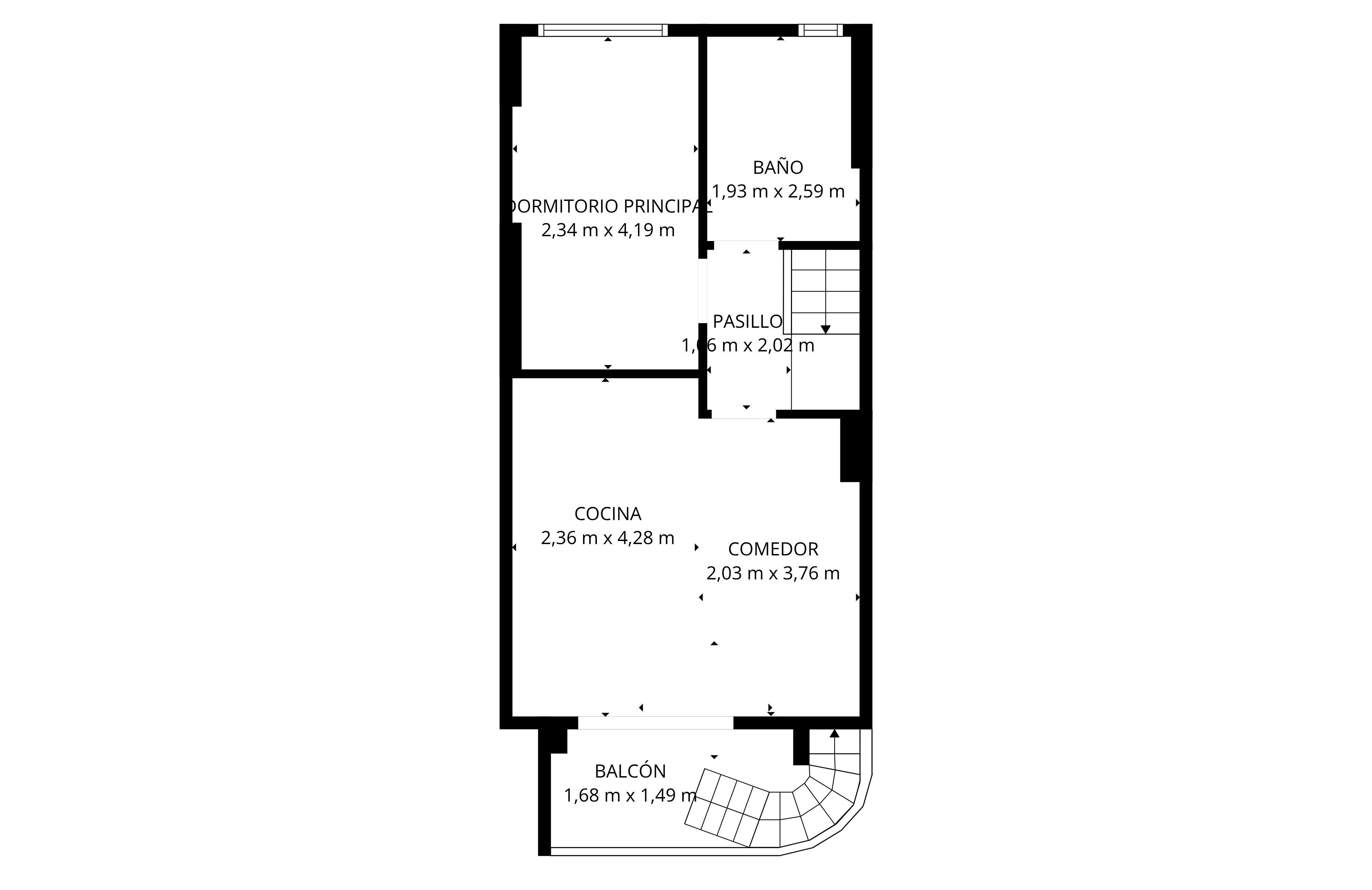 Architektonischer Grundriss, der die Aufteilung einer zweistöckigen Wohnung mit Balkon und Terrasse zeigt.