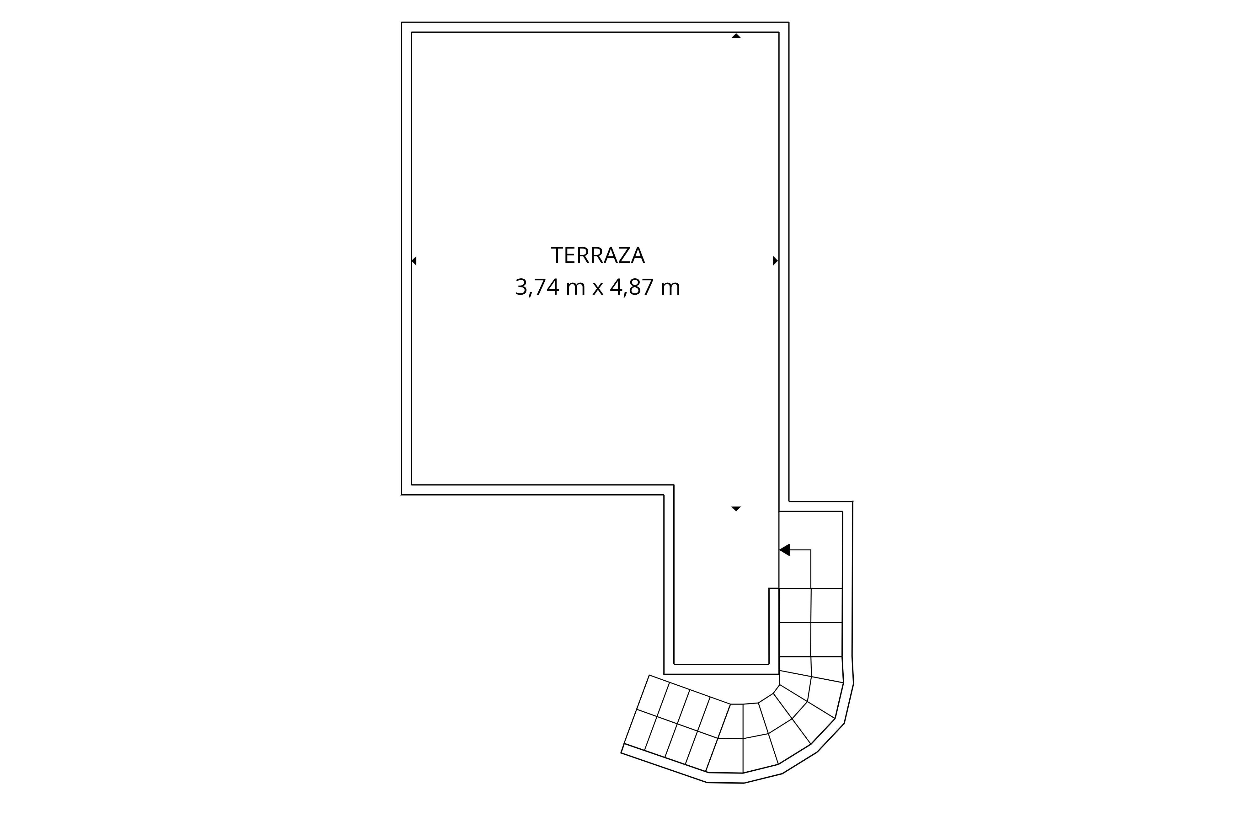 Technischer Plan einer 3,74 m x 4,87 m großen Terrasse mit Zugang über eine geschwungene Treppe.