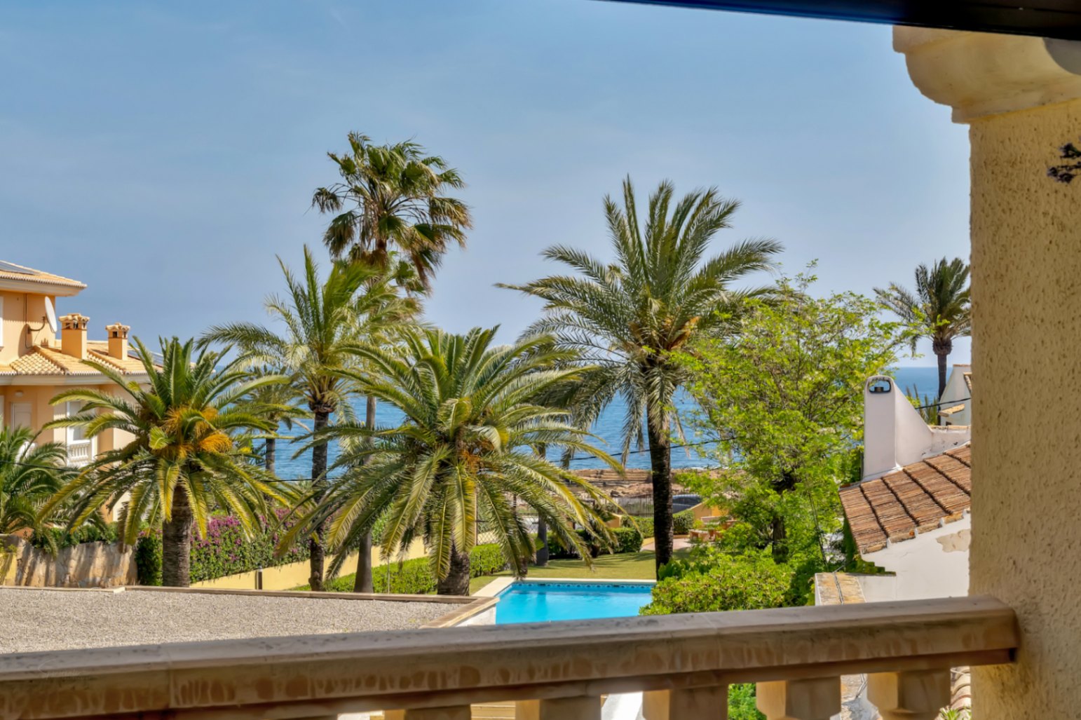 Blick von der Terrasse auf den Gemeinschaftspool und die Palmen, mit dem Mittelmeer im Hintergrund.