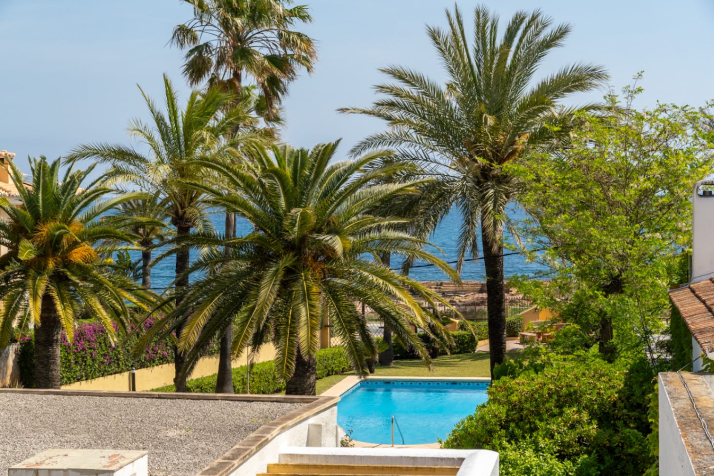 Erhöhte Ansicht eines Gemeinschaftspools, umgeben von Palmen und mediterranen Gärten mit Meerblick.