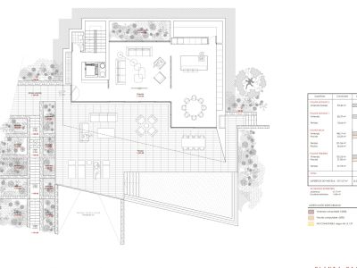 Detaillierter Architekturplan des Erdgeschosses mit offenem Wohn-Essbereich, Küche, großzügigen Außenterrassen und privatem Pool.