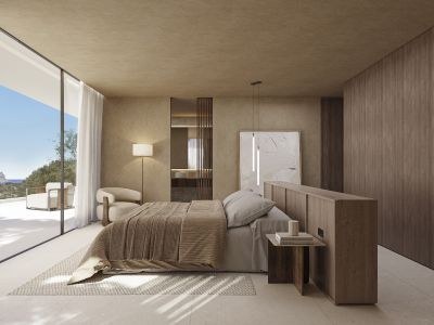 Hauptschlafzimmer mit raumhohen Fenstern, Panoramameerblick und direktem Terrassenzugang. Neutrale Farbtöne, strukturierte Wände und dunkle Holzverkleidungen prägen den Raum.
