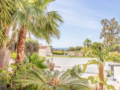 Blick auf den üppigen mediterranen Garten mit Palmen und lebendigem Grün, umrahmt von einer weißen Mauer, mit klarem Meerblick in der Ferne unter blauem Himmel.