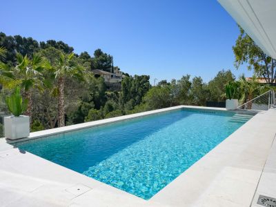 Rechteckiger Pool mit hellblauen Mosaikfliesen und weißen Steinumrandungen, umgeben von mediterraner Vegetation unter klarem Himmel.