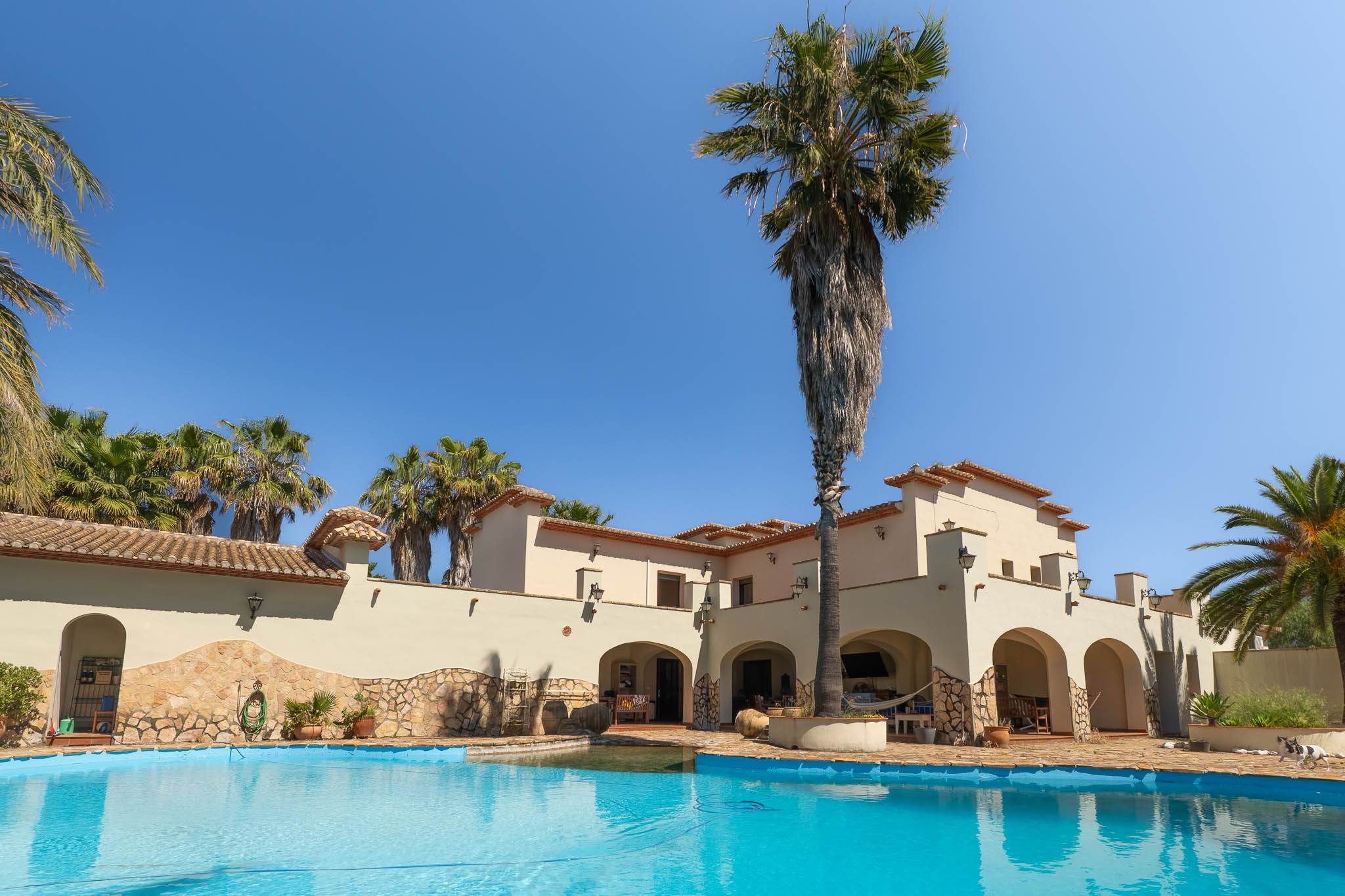 Großer privater Swimmingpool mit klarem Wasser, umgeben von Palmen und einer mediterranen Villa mit Arkaden unter blauem Himmel.