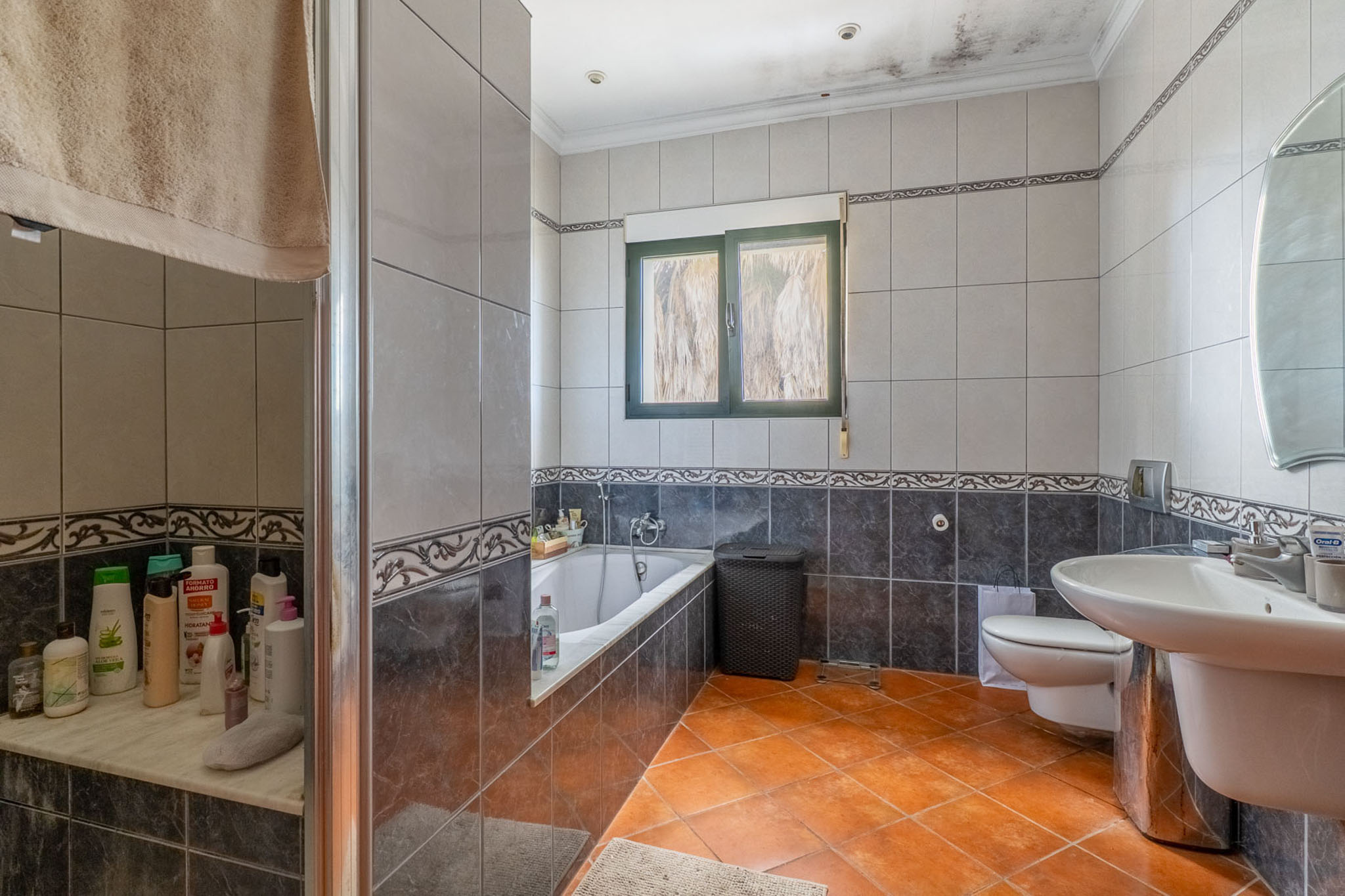 Voll ausgestattetes Badezimmer mit Terrakottafliesen, grauen Wandfliesen mit Zierbordüren, Badewanne, verglaster Dusche, Waschbecken und grün gerahmtem Fenster.