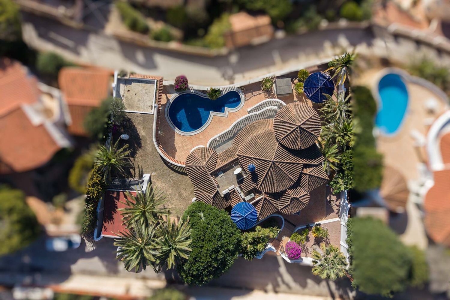 Luftaufnahme der Villa mit gestuften Terrakotta-Ziegeldächern, einem unregelmäßig geformten Privatpool und einer Terrakotta-Terrasse. Umgeben von Palmen und mediterraner Vegetation.