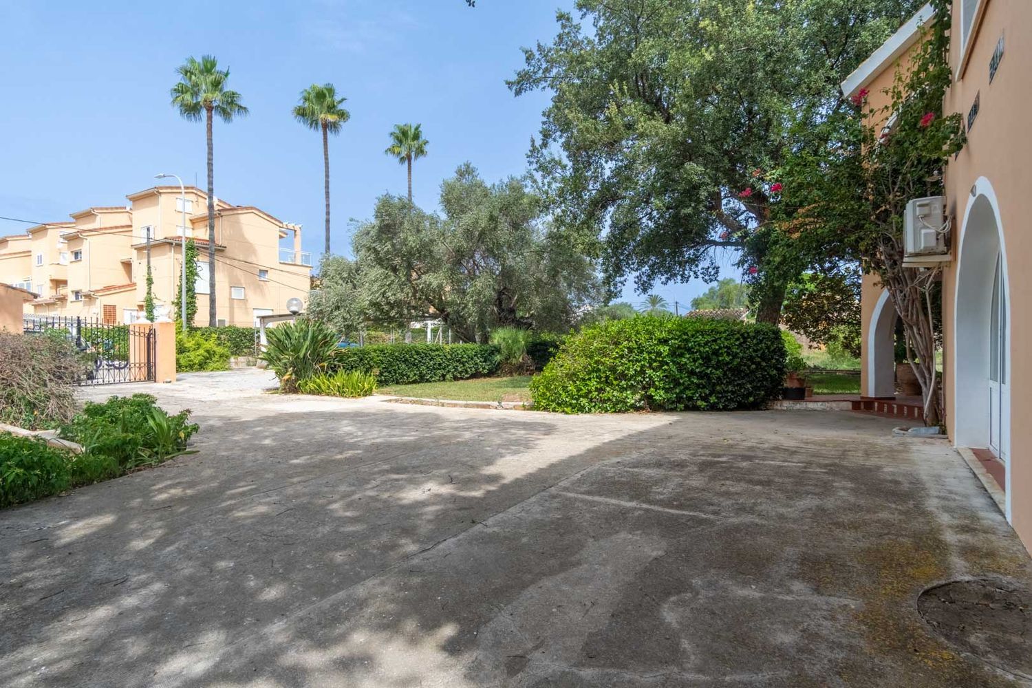 Großer privater Betonparkplatz, umgeben von einem mediterranen Garten mit Palmen, Olivenbäumen und Sträuchern. Ein Teil der gewölbten Fassade des Chalets ist sichtbar.