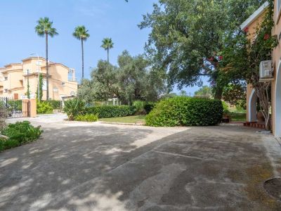 Großer privater Betonparkplatz, umgeben von einem mediterranen Garten mit Palmen, Olivenbäumen und Sträuchern. Ein Teil der gewölbten Fassade des Chalets ist sichtbar.