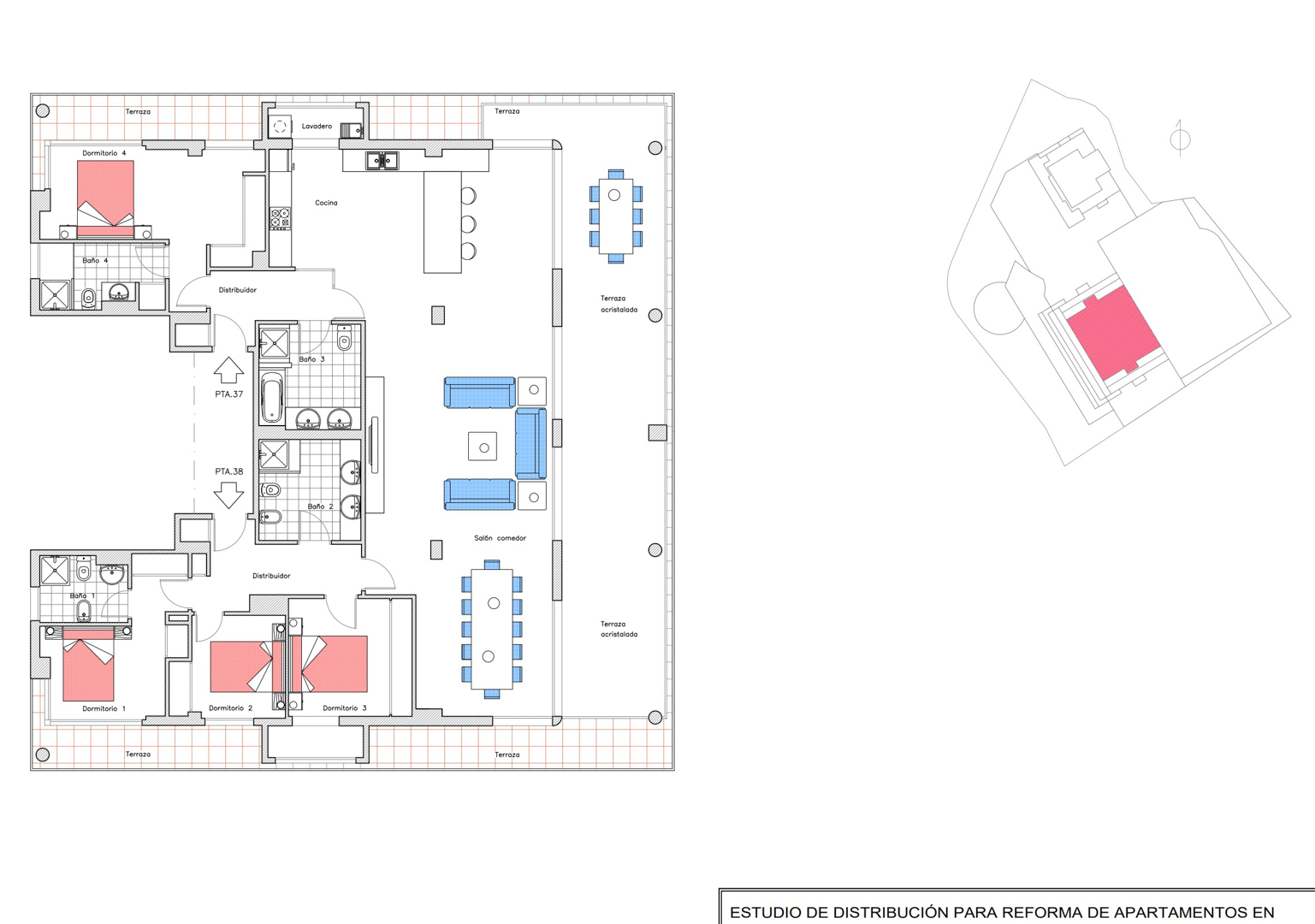 Detaillierter Grundriss der elften Etage, der zwei Penthäuser zu einem Layout mit 4 Schlafzimmern, 4 Bädern, zwei Wohnbereichen und weitläufigen Terrassen vereint.