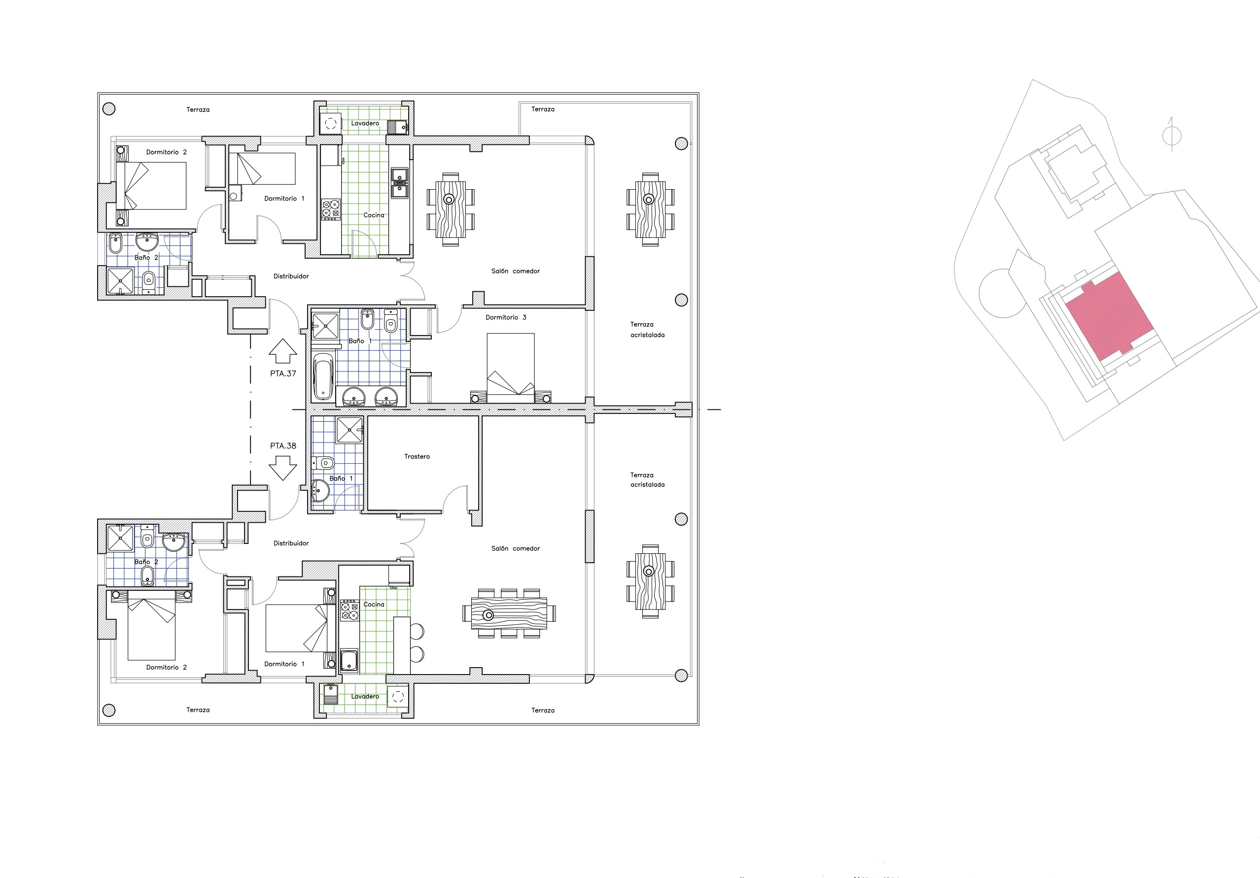 Grundriss zweier angrenzender Penthäuser auf einer Etage, mit Potenzial für eine große Luxusresidenz mit mehreren Schlafzimmern, Bädern und weitläufigen Terrassen.