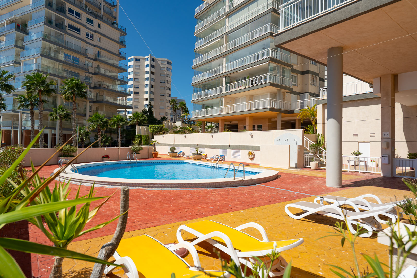 Runder Gemeinschaftspool auf einer rot-gelb gepflasterten Terrasse, umgeben von Sonnenliegen, Palmen und modernen Wohngebäuden unter blauem Himmel.