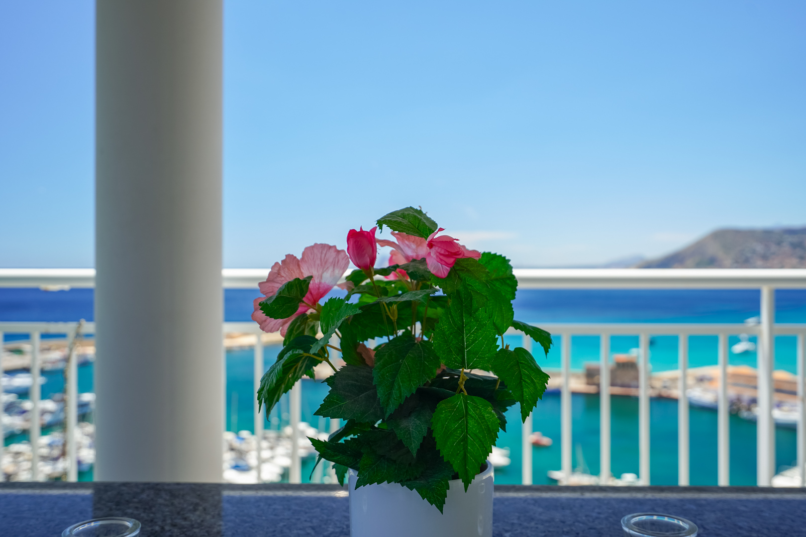 Terrassenblick mit Topfblume, weißer Säule und Geländer, der den Yachthafen und das klare türkisblaue Meer umrahmt.