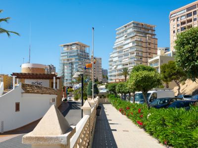 Blick auf das Hafenviertel von Calpe mit modernen Wohngebäuden, einer gepflasterten Promenade mit grünen Büschen und roten Blumen sowie dem RCNC-Gebäude unter klarem blauem Himmel.