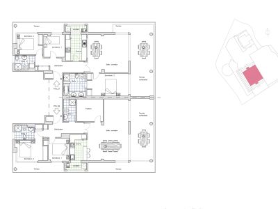 Grundriss zweier angrenzender Penthäuser auf einer Etage, mit Potenzial für eine große Luxusresidenz mit mehreren Schlafzimmern, Bädern und weitläufigen Terrassen.