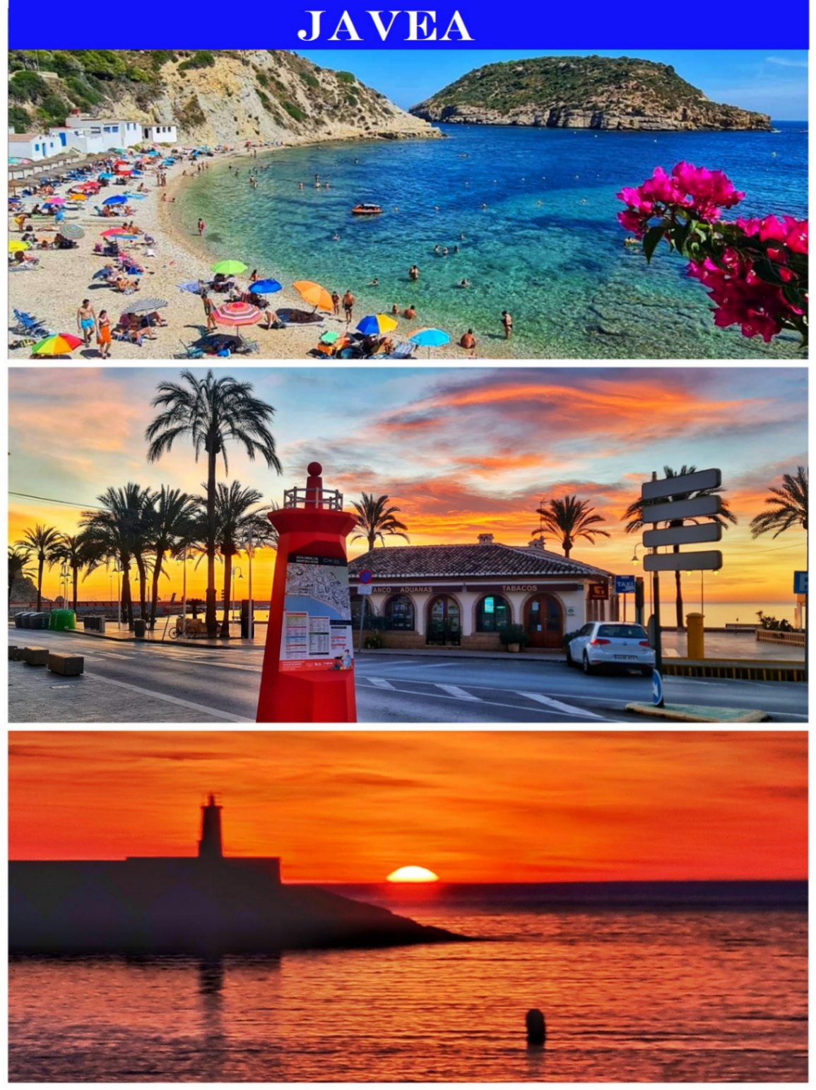 Collage, die Jáveas Essenz einfängt: belebter Strand mit türkisfarbenem Wasser, Promenade bei Sonnenuntergang mit Palmen und rotem Infostand, Leuchtturm als Silhouette vor orangem Himmel.