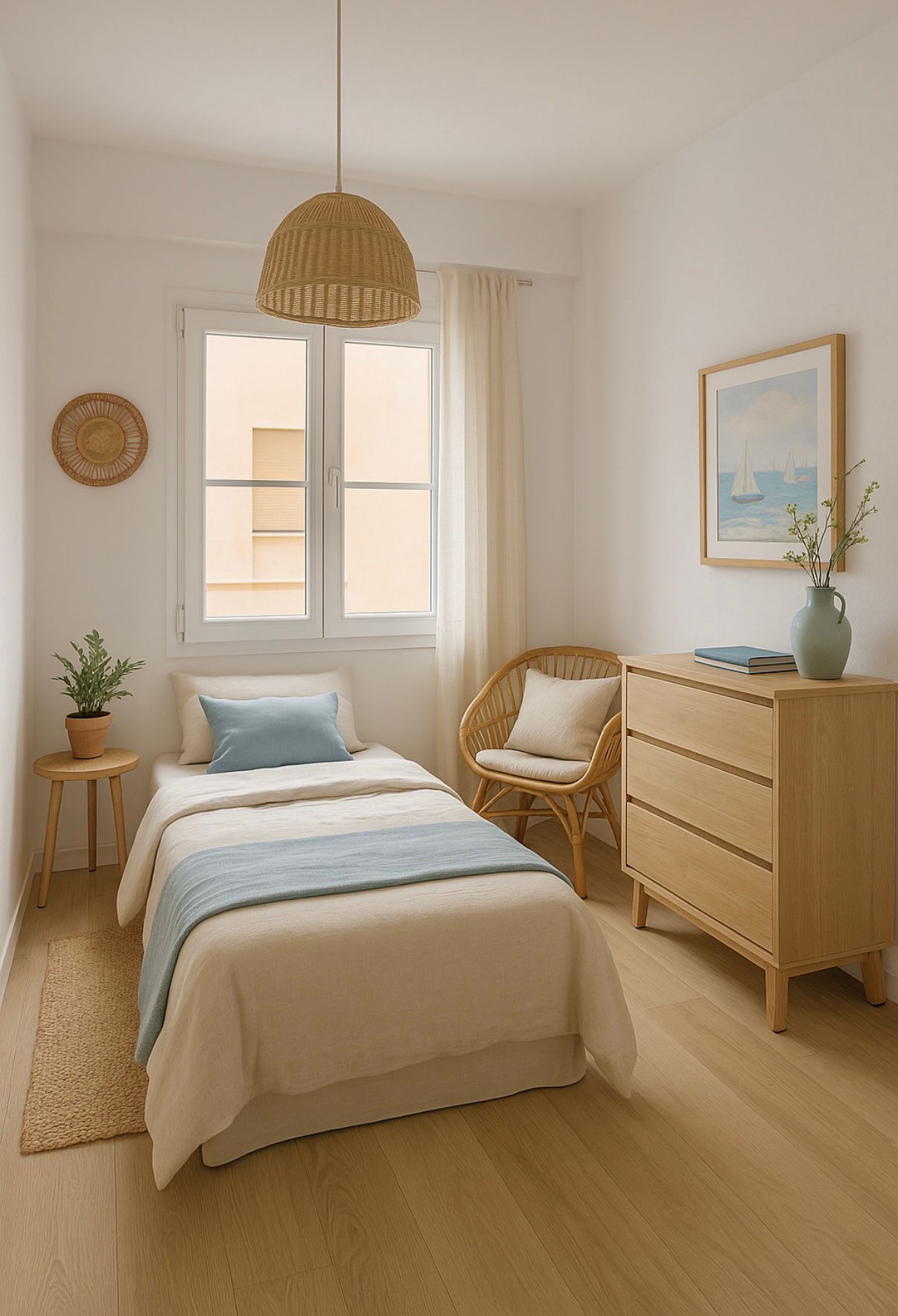 Einzelzimmer mit Bett in neutralen und blauen Tönen. Helle Holz- und Rattanmöbel, eine geflochtene Pendelleuchte und viel natürliches Licht vom Fenster.